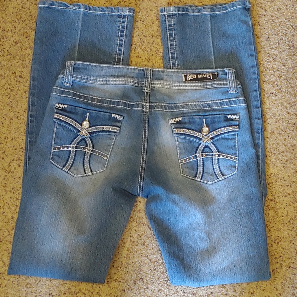 Red Rivet Wiskered Embellished Jeans - Picture 2 of 5